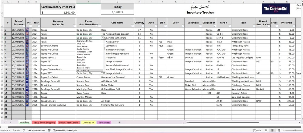 Baseball Card Inventory Tracker & P&L Spreadsheet (Digital) watch Tutorial Video
