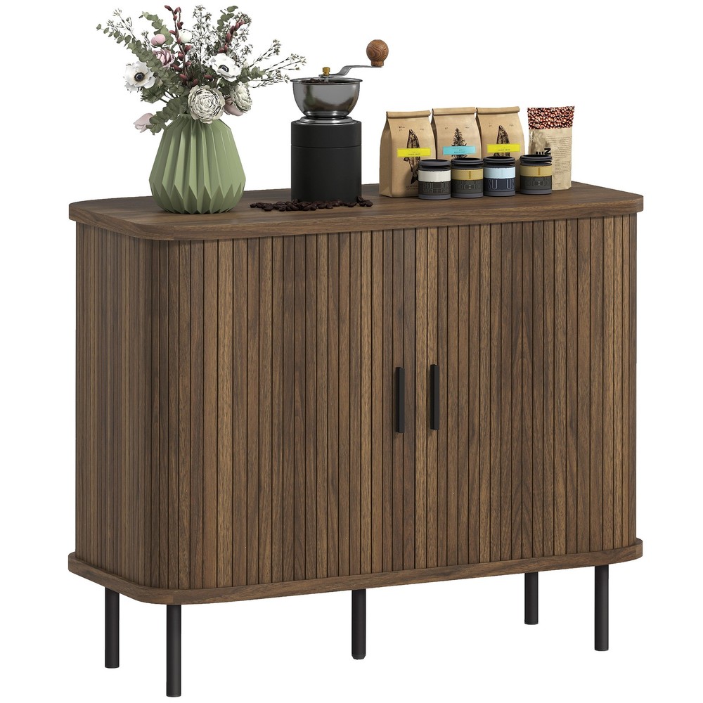 35.4" Sideboard Buffet Cabinet, Slatted Kitchen Cabinet, Walnut