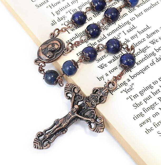 Lapis Lazuli Vintage Design Rosary Natural Stone Beads Necklace Holy Soil Medal