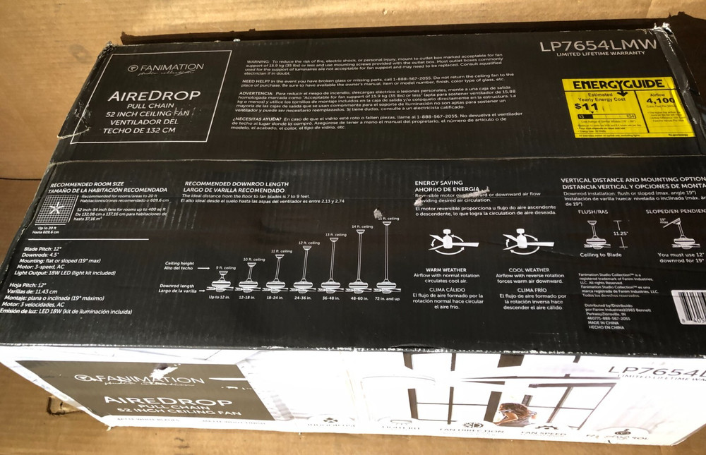 AireDrop Pull Chain Ceiling Fan 52" Matte White w/ Light New