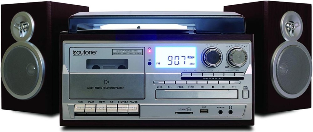 Boytone BT-28SPS Bluetooth Record Player Turntable, AM/FM, Cassette, CD Player
