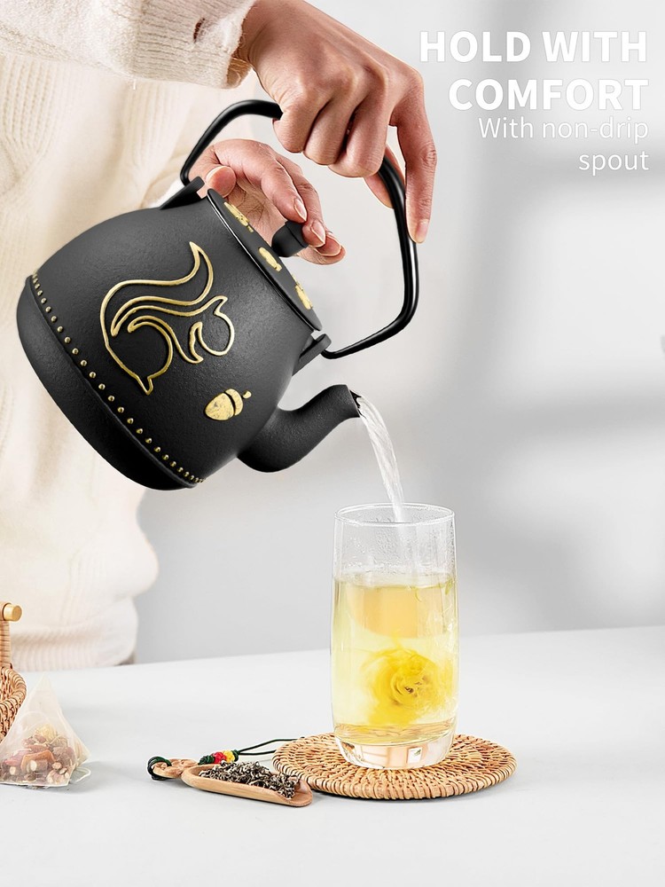 32 Ounce 950 ml Black Cast Iron Teapot with Removable Infuser Squirrel