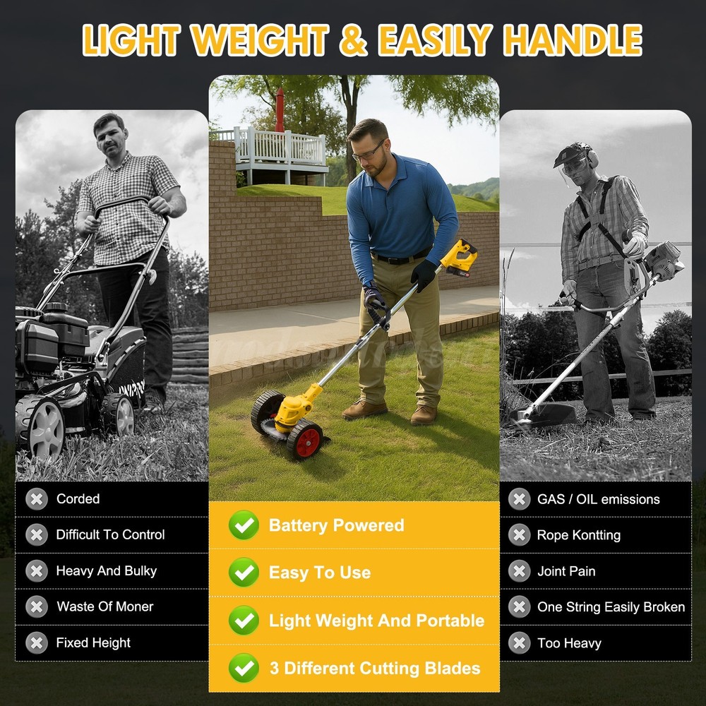 Electric Weed Wacker Cordless String Trimmer 3 Types Blades Lightweight 2Battery