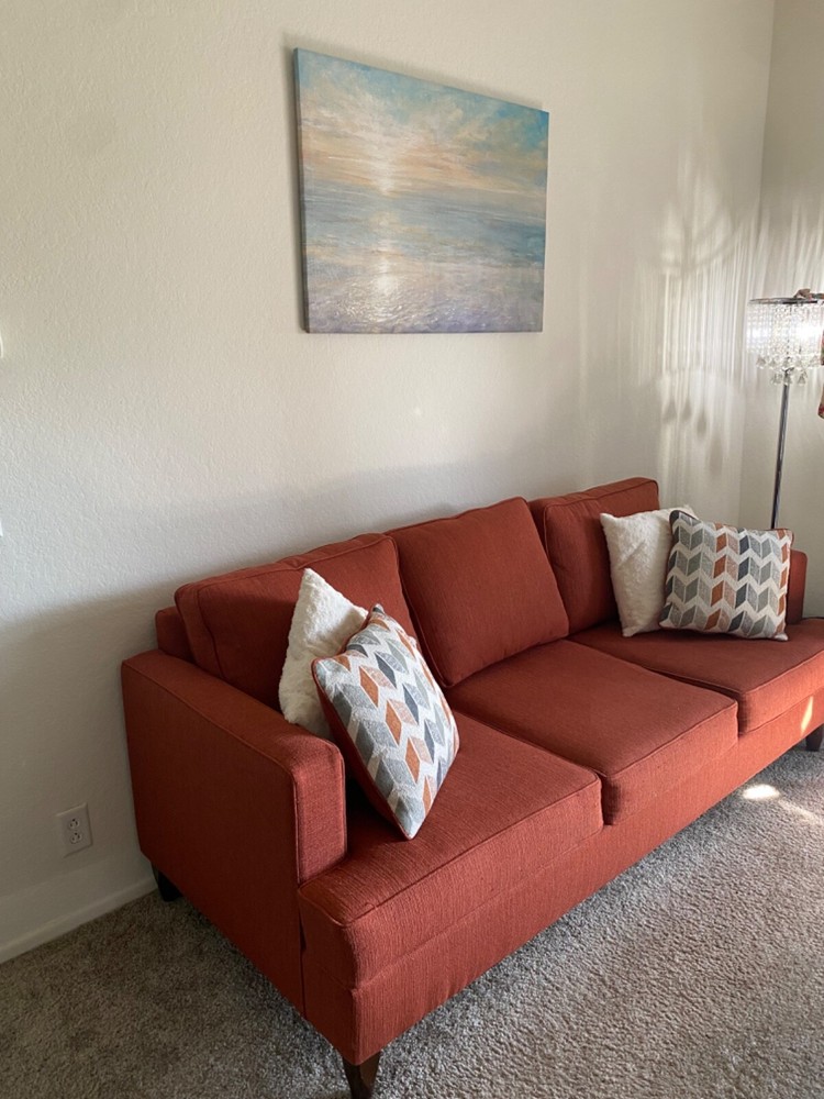 Beautiful, modern red couch with three seats