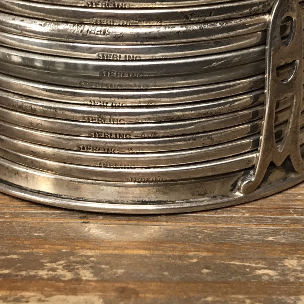 Complete Set, 12 Webster Sterling silver on Glass 3" Coasters with Holder