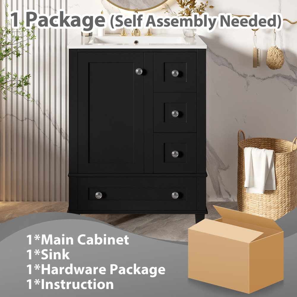 24" Bathroom Vanity with Ceramic Sink &Soft-close Drawers &Double-Layer Shelf