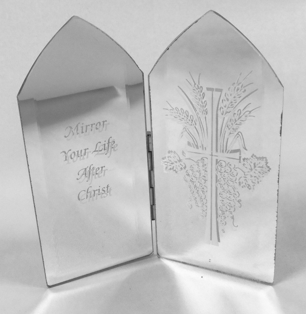Roman Inc 5” Solid Hinged Sided Bi-Fold Etched Mirror Religious Stand