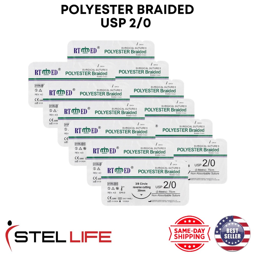 Polyester 2/0 Suture Practice Sutures Thread Sterile 12 Pcs Threads and Needle
