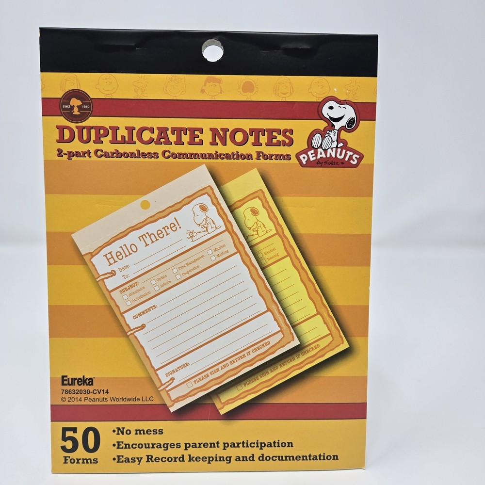 Back To School Eureka Peanuts  Snoopy Duplicate Notes 4" x 6"  50 Forms/Pad