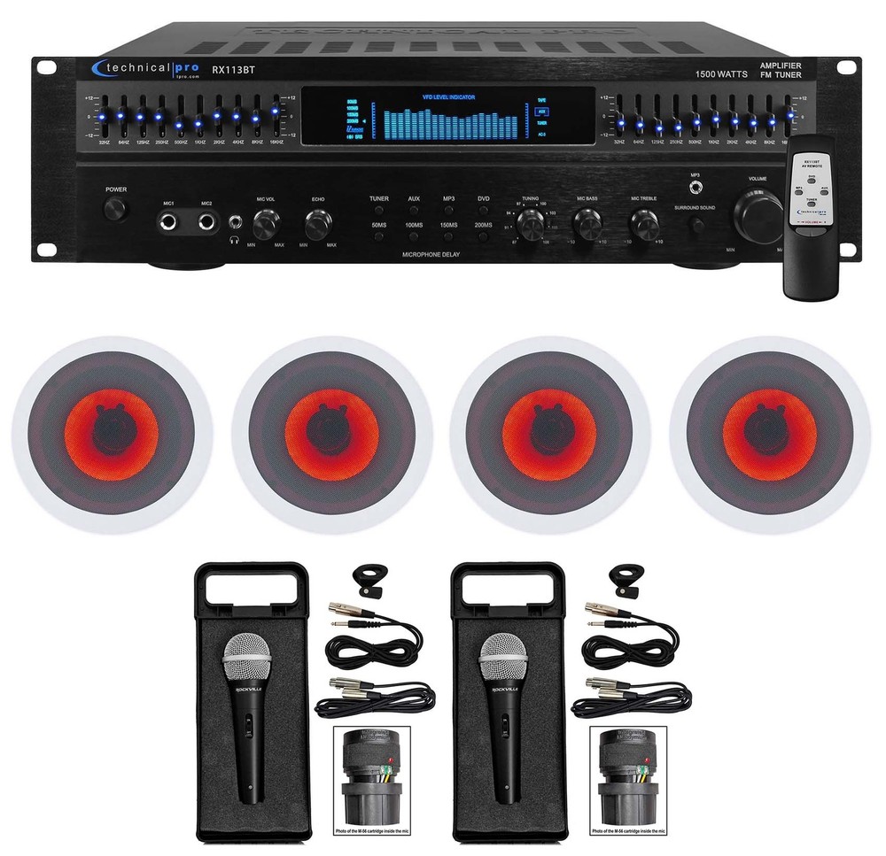 Technical Pro 1500w Home Karaoke Machine System+(4) 6.5" LED Ceiling Speakers