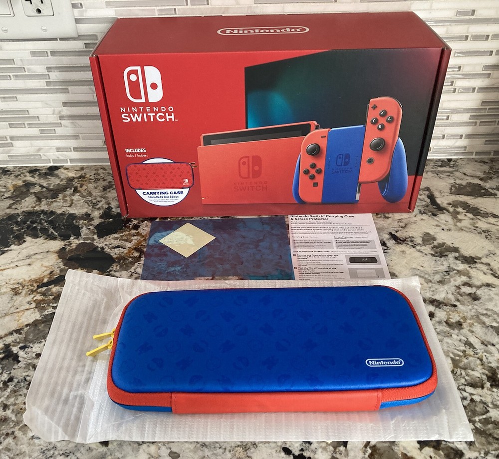 Nintendo Switch Complete EMPTY Box Mario Red & Blue Edition w/ Carrying Case