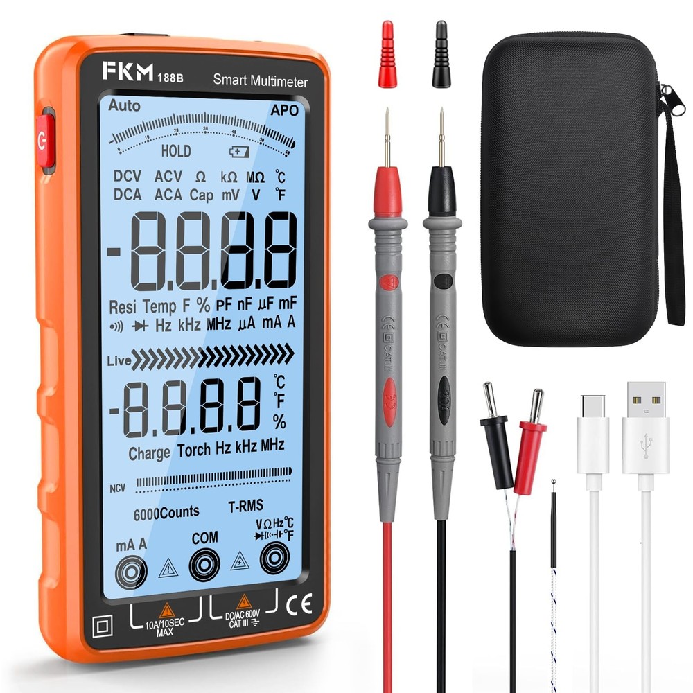 Digital Multimeter Tester Auto-Ranging TRMS 6000 Counts Smart Rechargeable Volt