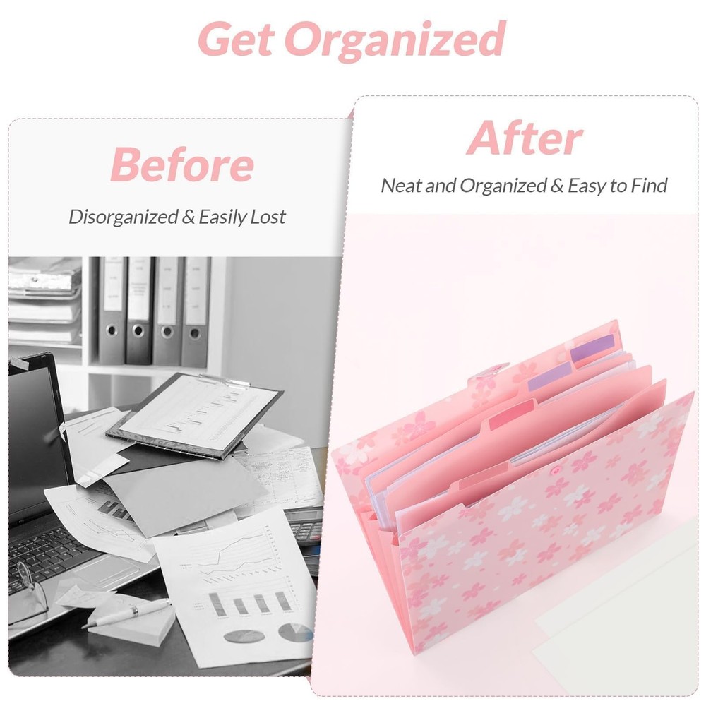 SKYDUE Pink Expanding File Folder with 5 Pockets, letter, A4, Sakura