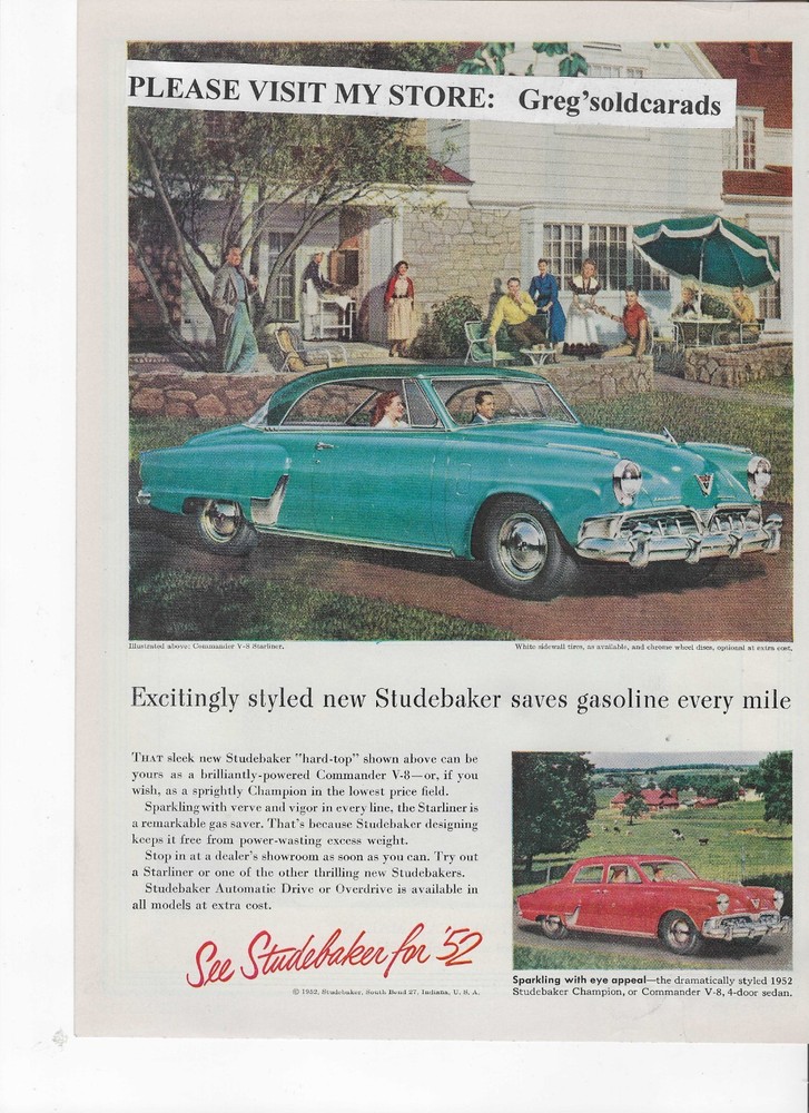 Original 1952 Studebaker Champion  or Commander vintage print ad