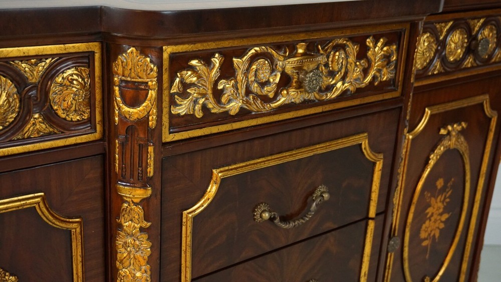 Stunning Server Sideboard Console Hand Carved Mahogany Gold Leaf and Inlay