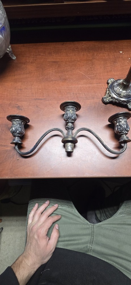 WM Rogers and Son 3 Arm Silver Candlesticks Victorian Rose