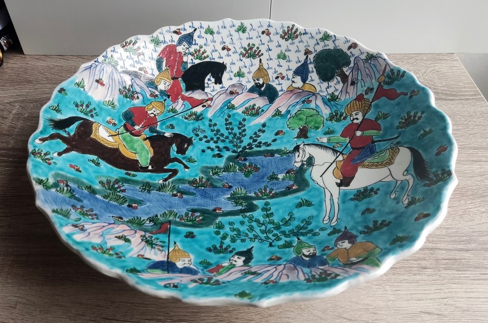 Large vintage painted ceramic plate. Turkey. Signed.