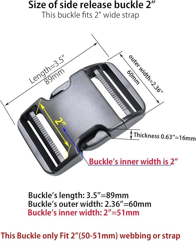 2 Inch Adjustable Plastic Side Release Buckles Heavy Duty 2 Sets Black Strap