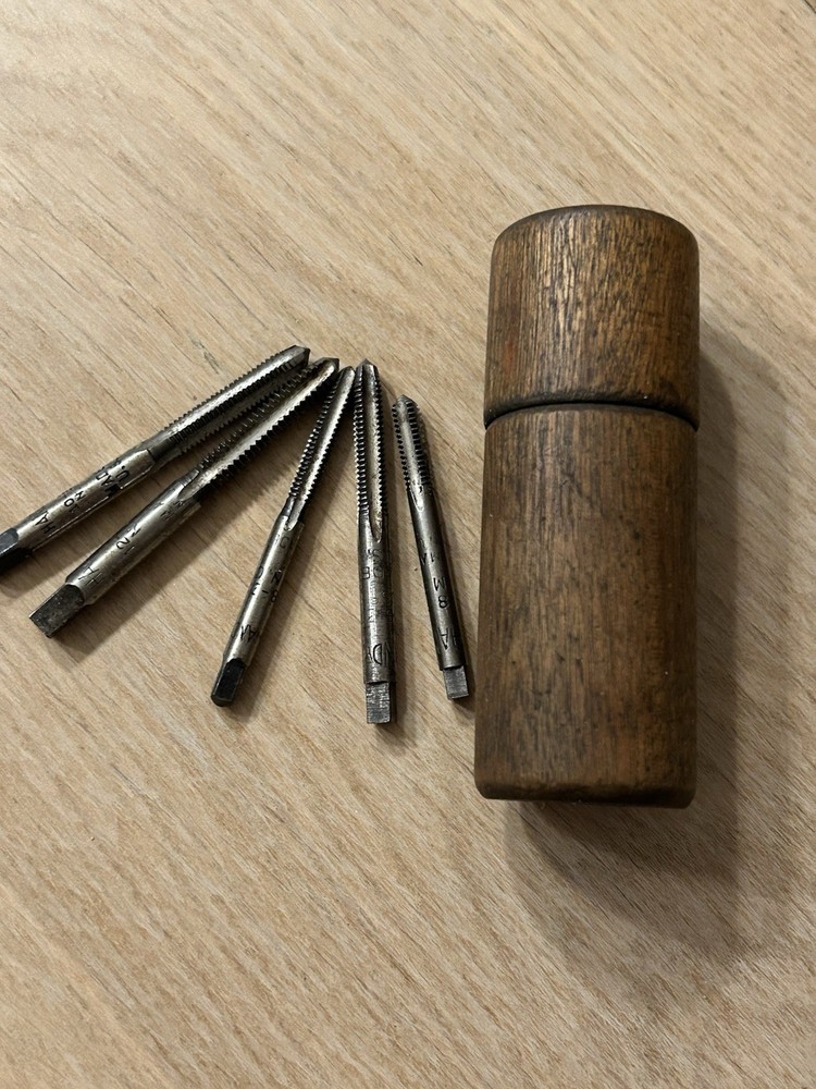 Vintage Solid Maple Cylinder Drill Bit Box with five Drill Bits