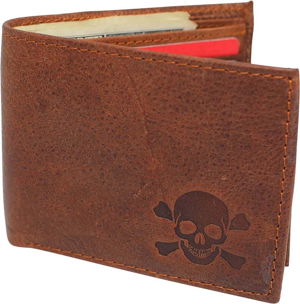 Marshal Skull Bone RFID Blocking Real Leather Bifold Classic Wallet for Men