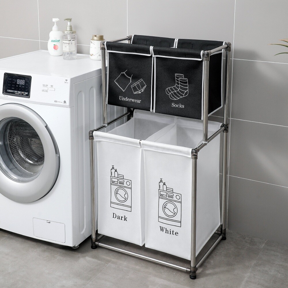2 Tier Laundry Sorting Basket with 4 Removable Pouches for Organizer