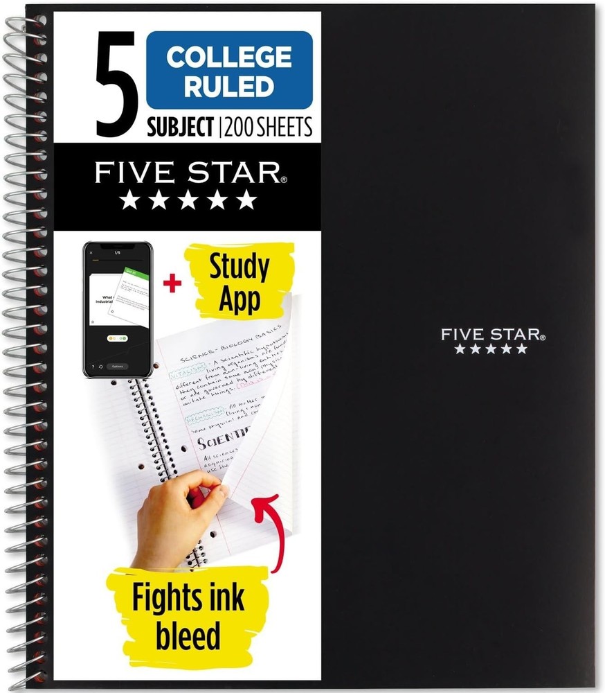 5 Subject Spiral Notebook with Study App – Durable & Water Resistant, 200 Sheets