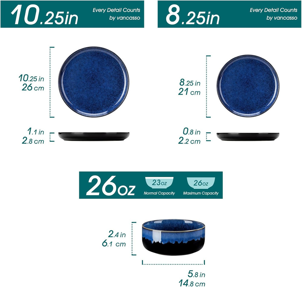 Starry 12 Pieces Dinnerware Sets for 4, Blue Reactive Glaze Dishes Sets, Ceramic