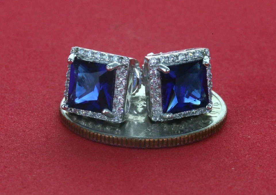 Solid .925 Sterling Silver Square Shaped Micro Pave Stud Earrings Cubic Zirconia