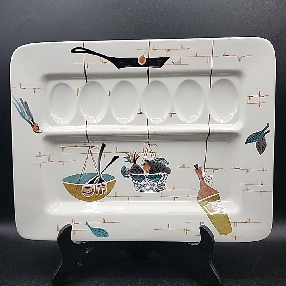 Vintage MCM Patio Hand Painted Hors d’oeuvres Appetizers & Deviled Egg Platter