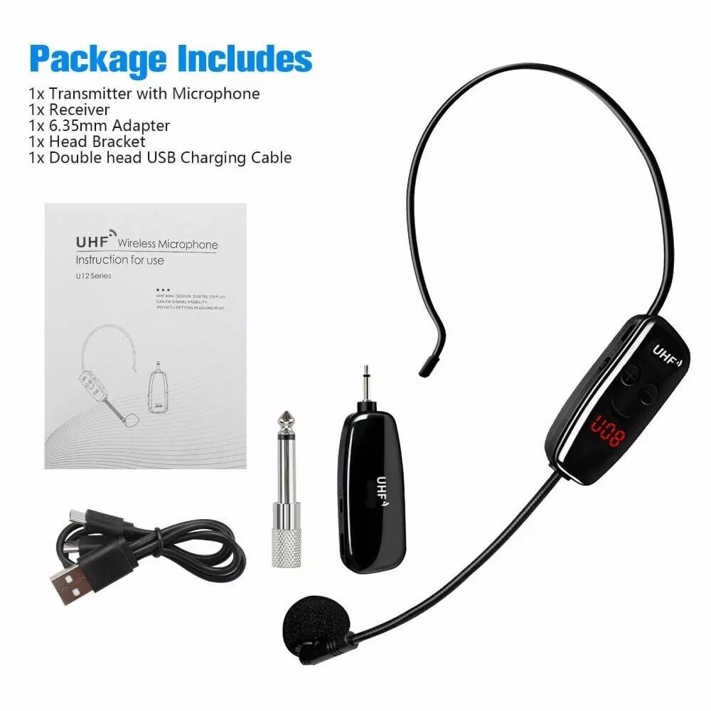 165FT Range UHF Wireless Microphone Headset Mic System+Digital Screen Speech US