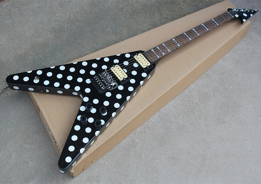 V Shape Black Body Electric Guitar with White Dots Pattern,Chrome Hardware