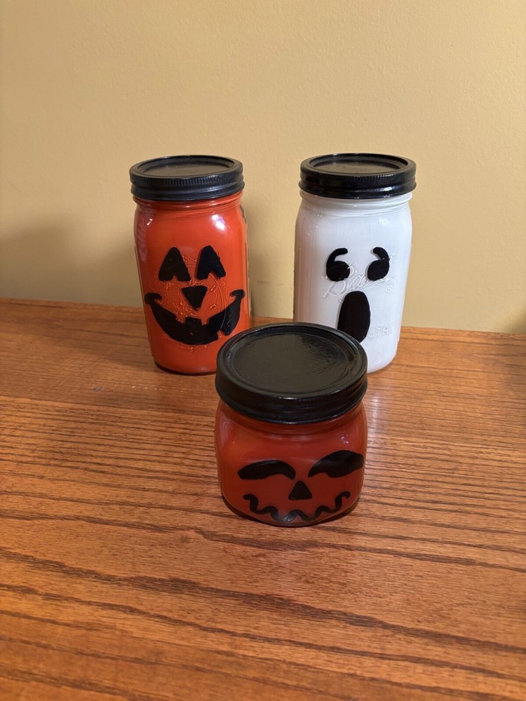 2 Pumpkins & 1 Ghost Painted Ball Jars