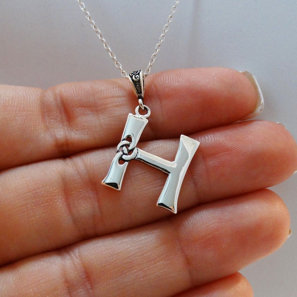 Celtic Initial Letter H Necklace - 925 Sterling Silver - Celtic Knot Initial