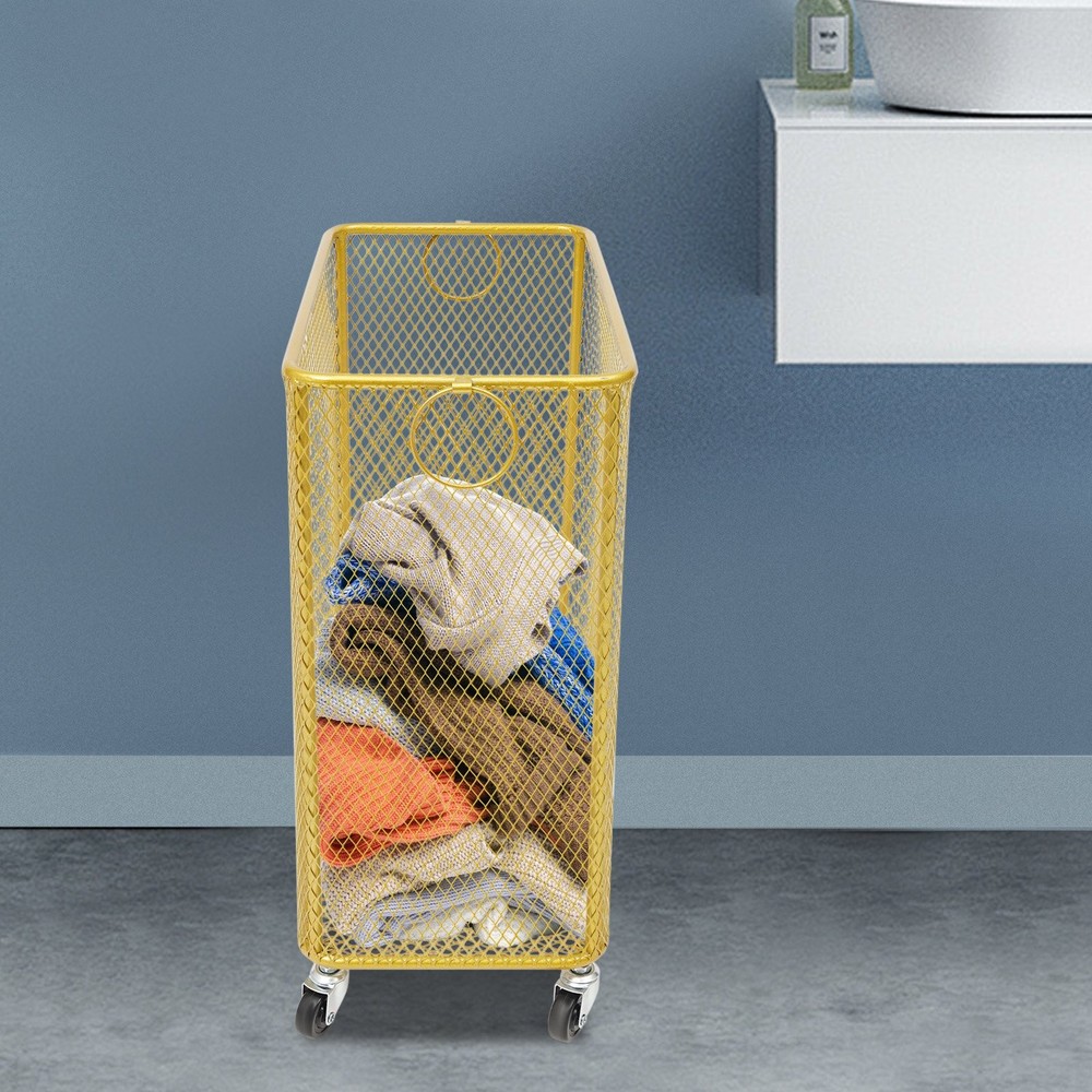 Rectangular Storage Busket Iron Rolling Laundry Basket For Home Gold,43*23*45cm