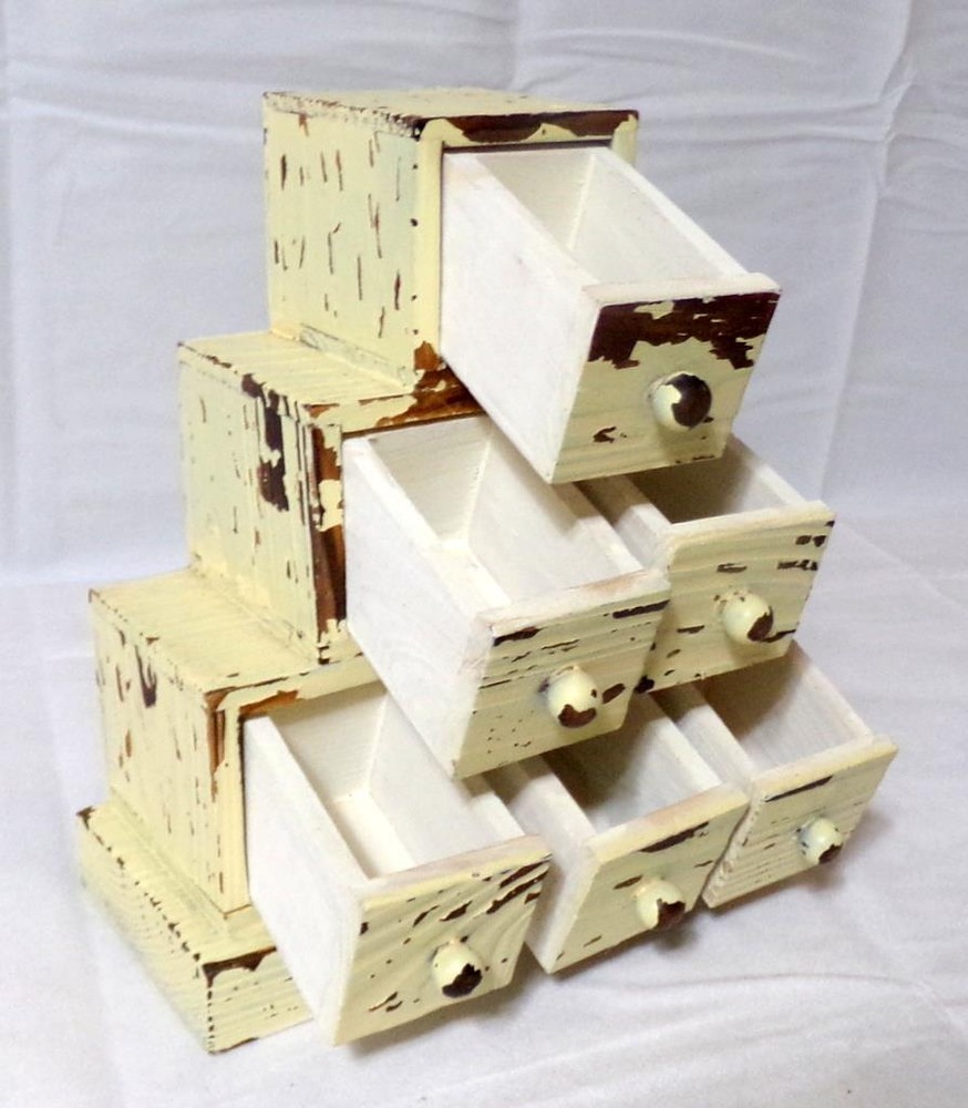 Folk Art Chippy White Paint Wood Storage Stacked Cube Sewing Box