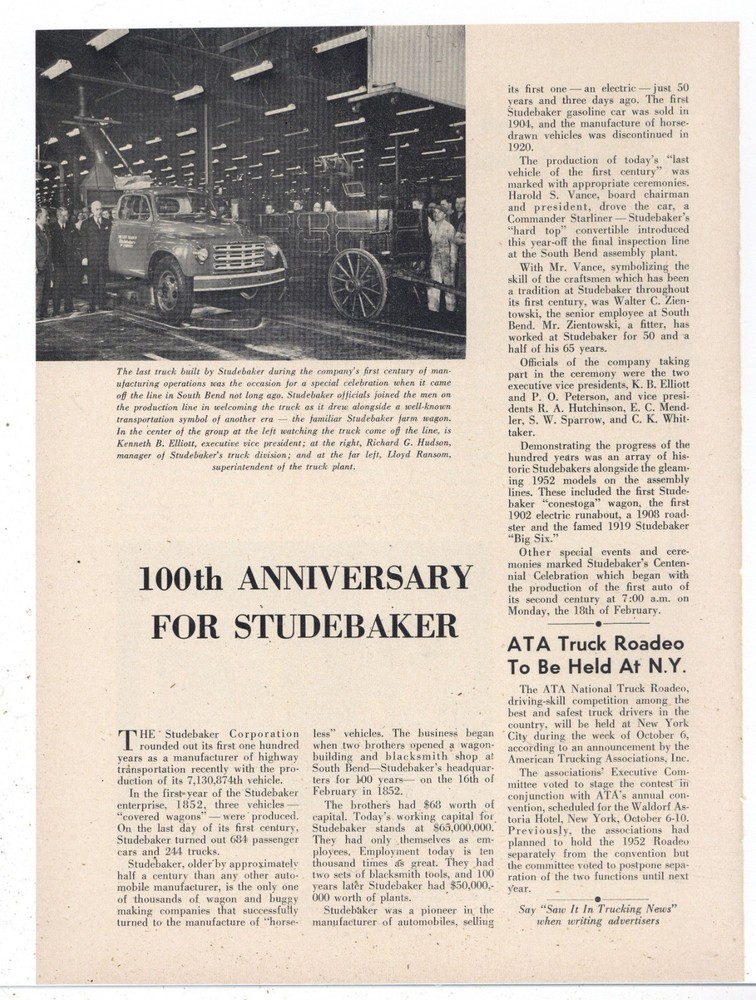 1952 Article & Pic: Studebaker 100th Anniversary - South Bend Assembly Line Pic