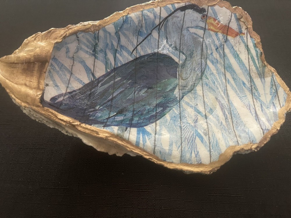 Decoupaged Blue Heron Oyster Shell Trinket Ring Dish