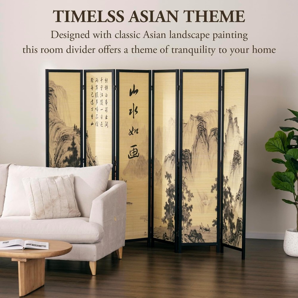 6-Panel Bamboo Screen Freestanding Room Divider with Asian Calligraphy Artwork