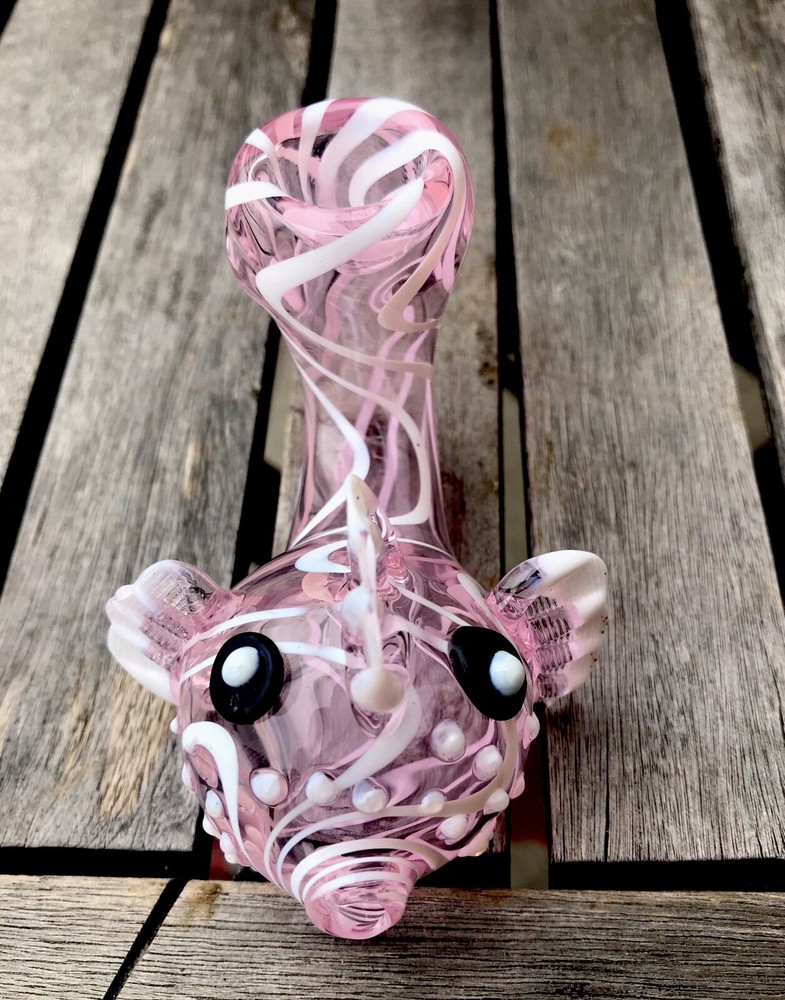 Fish Shaped Glass Hand Pipe(Pink)White Colored Stripes.