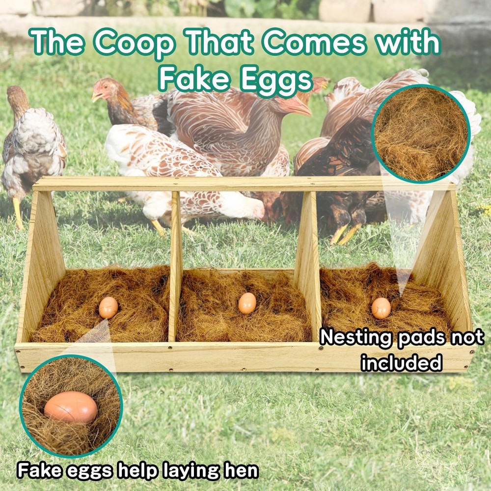 Chicken Nesting Boxes, 3 Compartment Wooden Chicken Laying Boxes, Nesting Box...