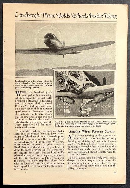 Lockheed Model 8 Sirius 1931 article “Lindbergh Plane Folds Wheels Inside Wing"