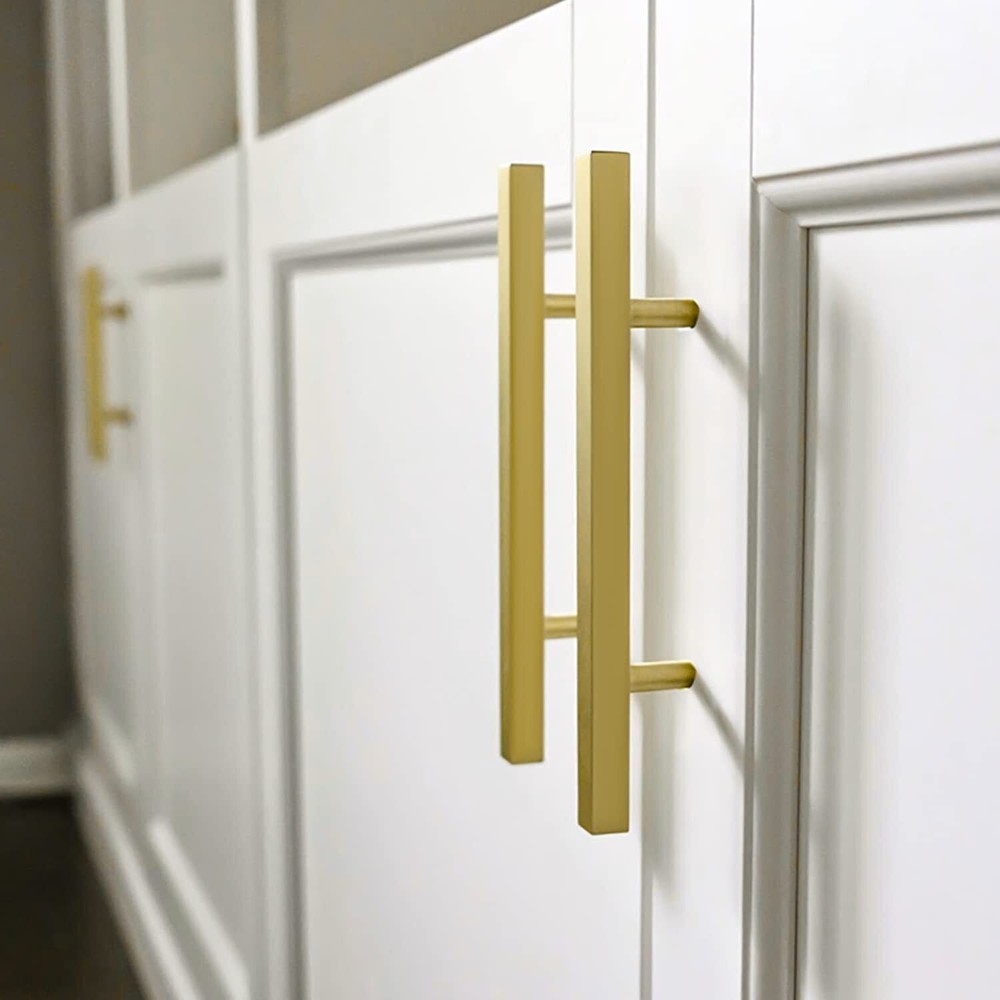 20 Pcs Gold Brass Brushed Square Modern Cabinet Handles Pulls Kitchen Hardware