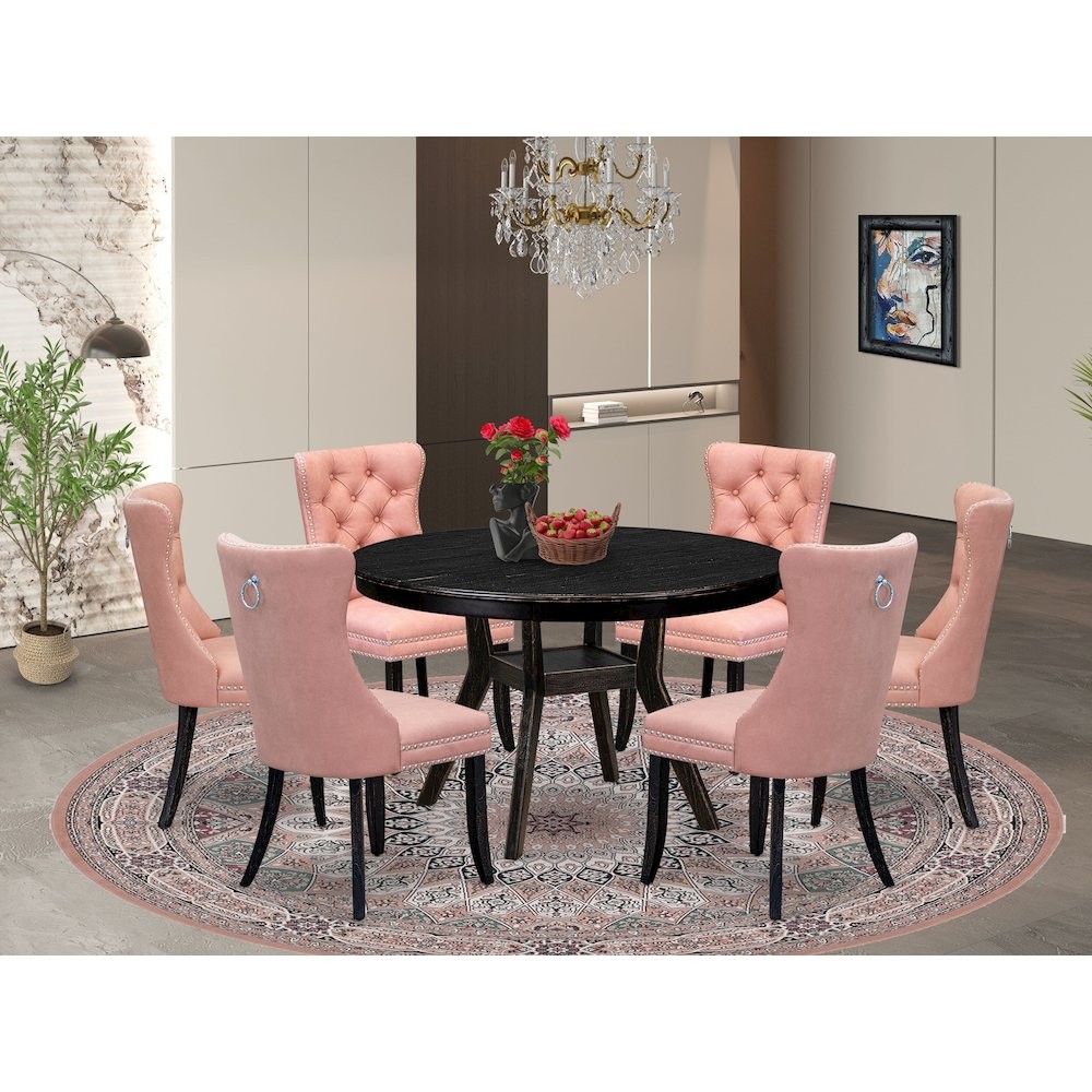 7 Piece Dining Set Includes 48" Round Kitchen Table In Beige Red Color