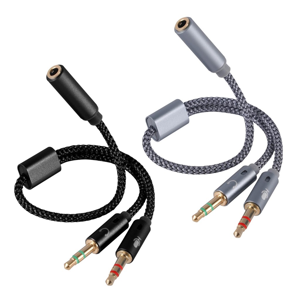 BTFO 2pcs 2-in-1 Headphone & Microphone Splitter Cable, black, gray