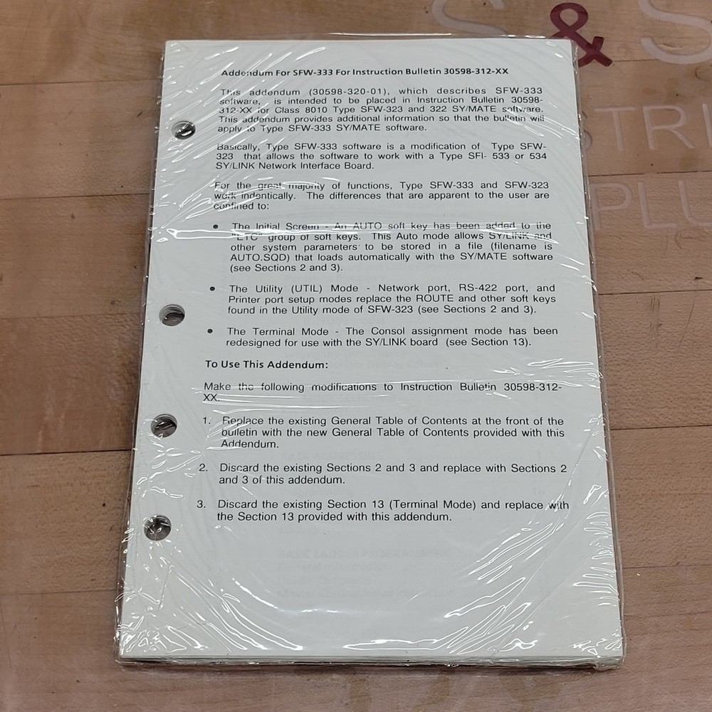 Square D 8010 SFW-333 SY/MATE Instruction Bulletin, Addendum, & Program Software