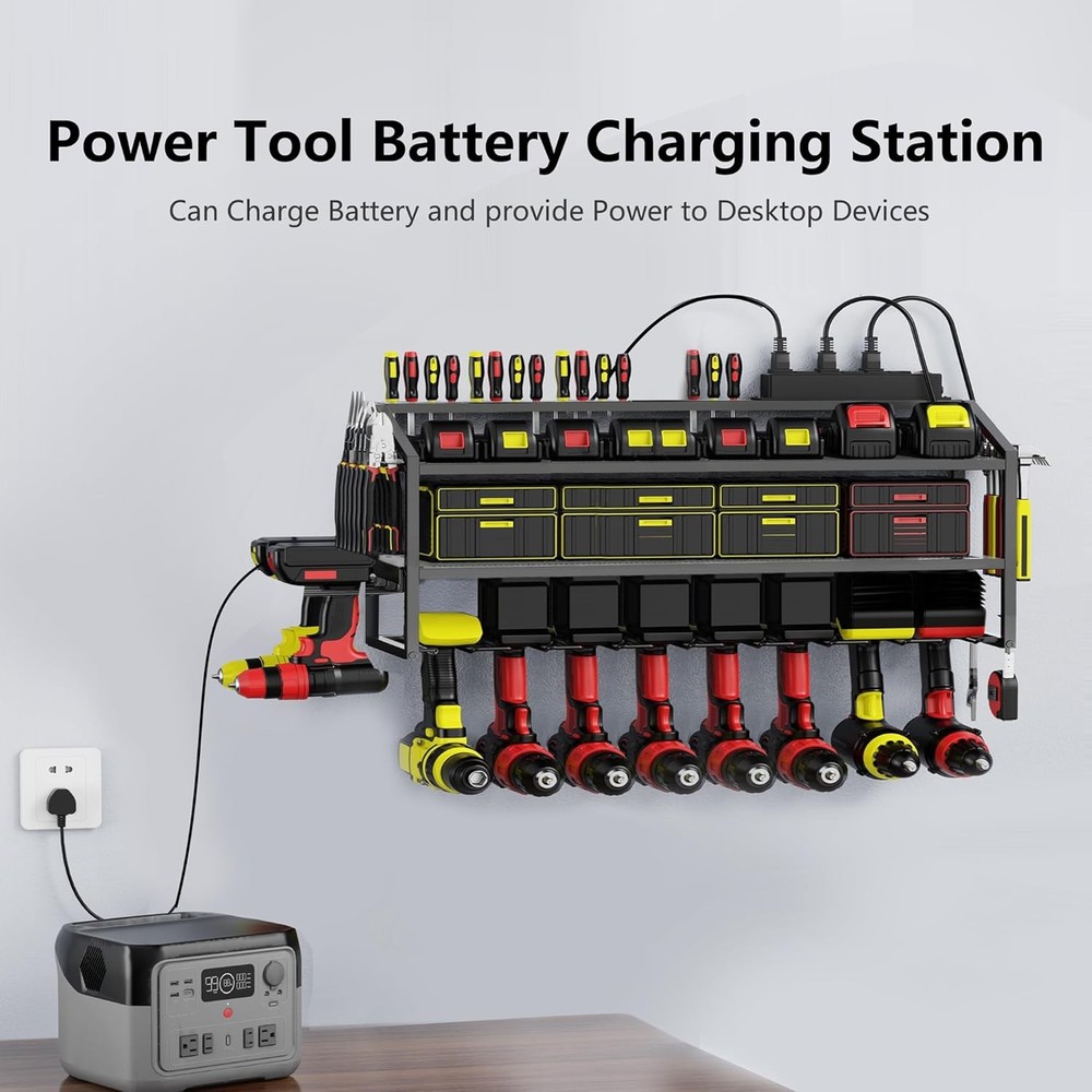 Power Tool Organizer Wall Mount with Charging Station, 3 Layer Storage Rack