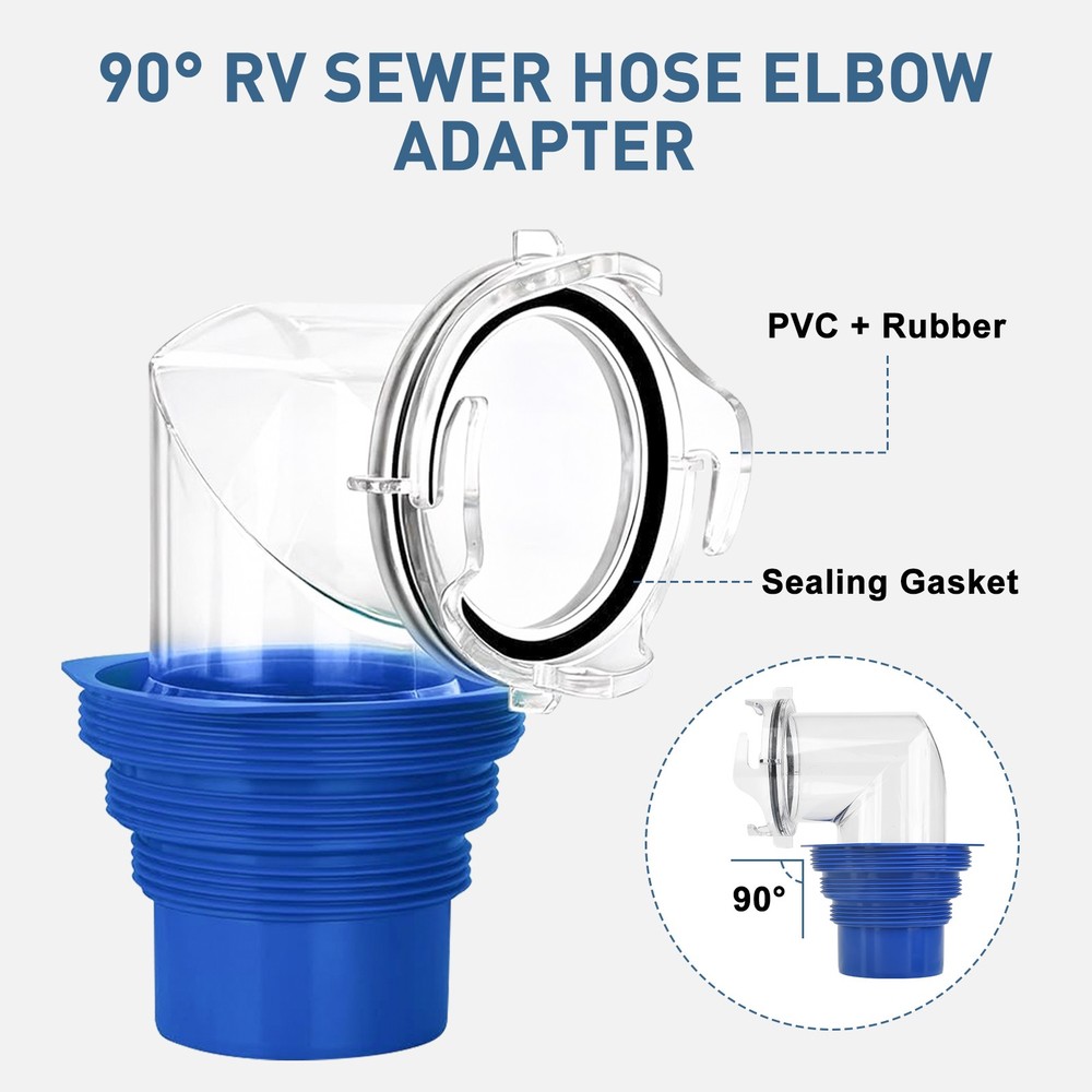 90° Clear RV Sewer Hose Elbow w/ 4-in-1 Fittings Adapter for 3" Campers Travel