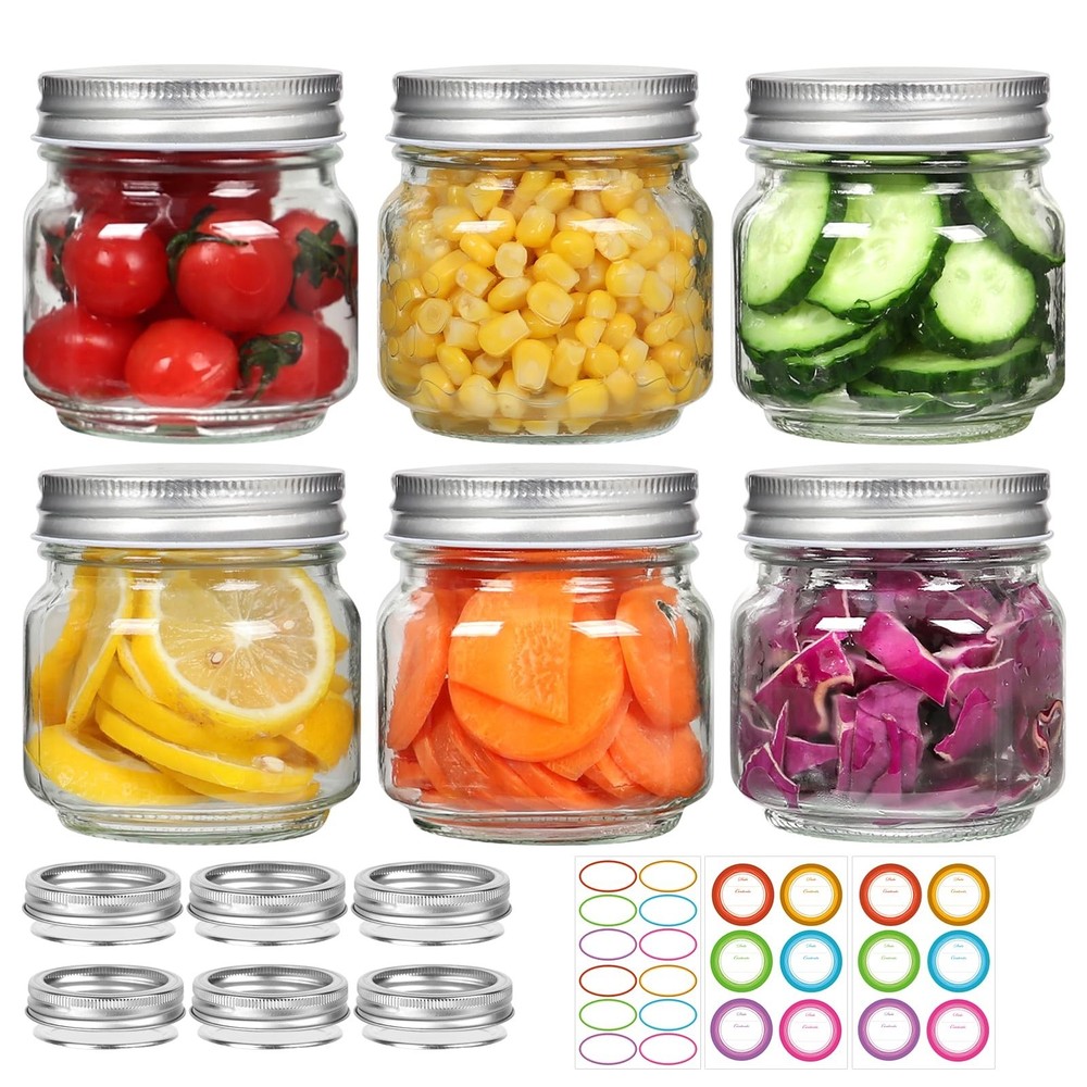 6 Pack Small Mason Jars 8 oz, Half Pint Canning Jars, 6 Split-Type Lids and E...