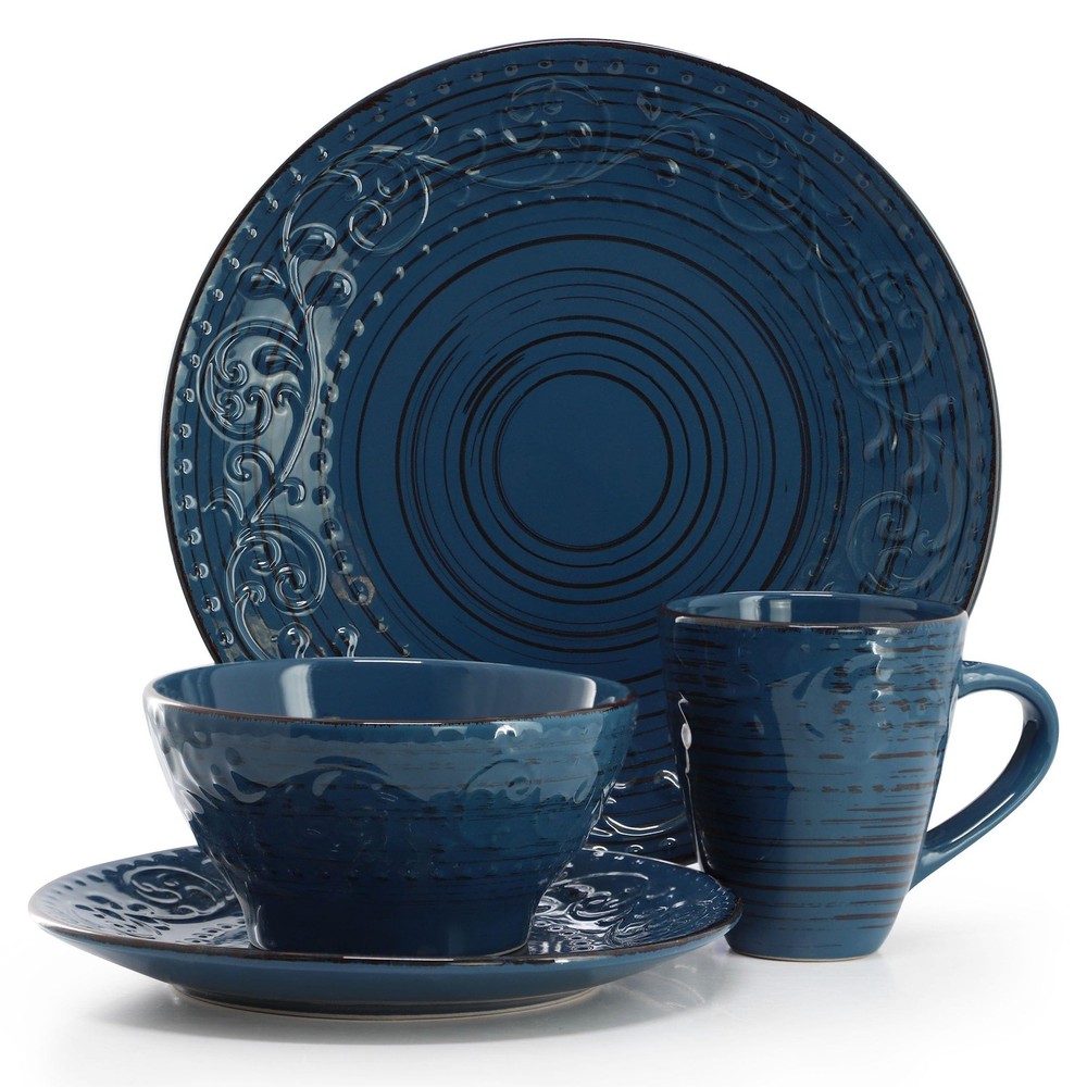 Malibu Deep Ocean-Piece Stoneware Embossed Pattern Reactive Deep Ocean Blue 16
