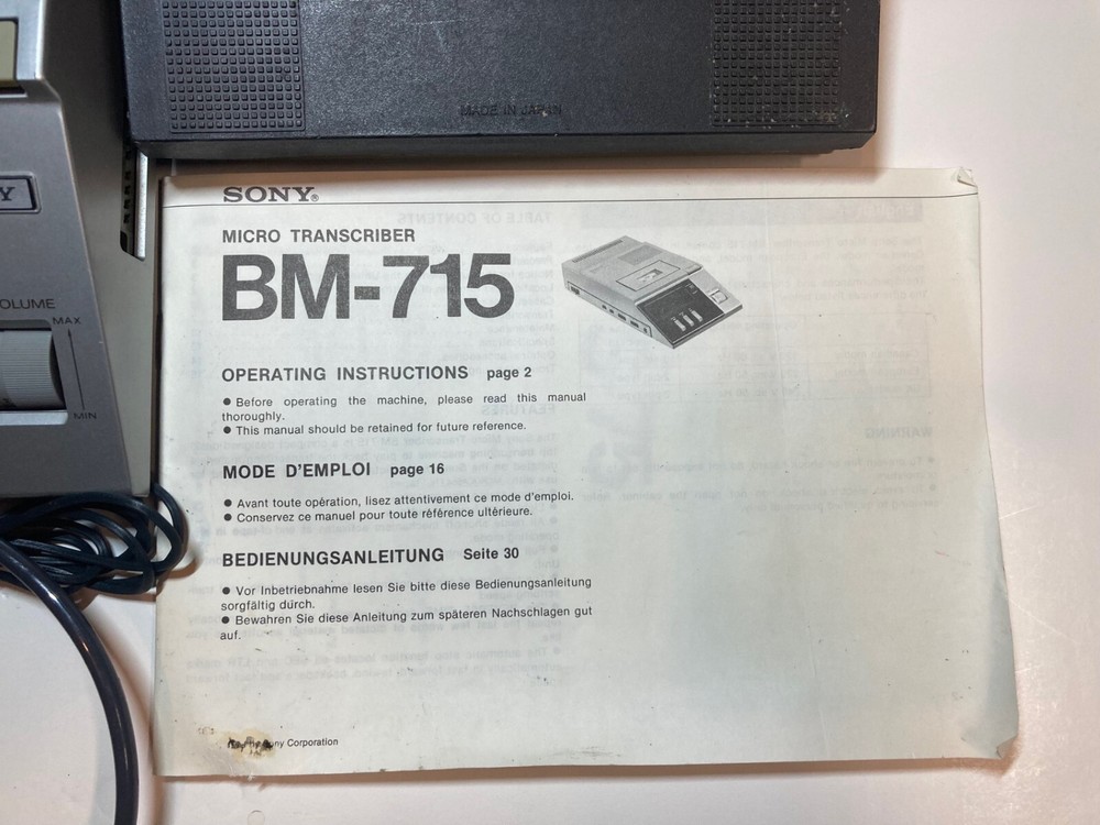 SONY Micro Transcriber BM-715 Cassette Recorder Dictation Machine + Extra's